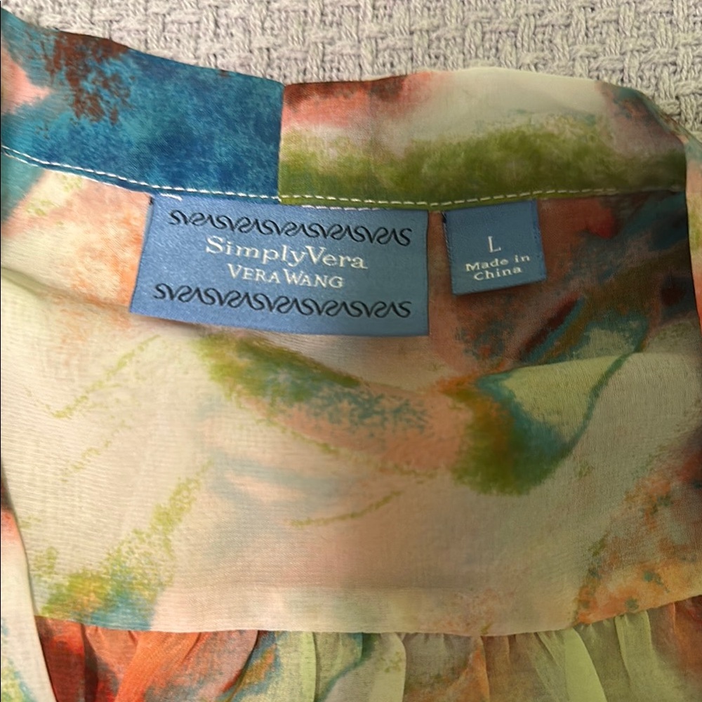 Simply Vera Vera Wang Green and Orange Sleeveless Ruffled Blouse - Picture 2 of 3